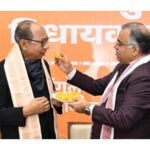 BJP National General Secretary Tarun Chugh congratulates newly-elected Manipur Legislature Party leader Yumnam Khemchand Singh